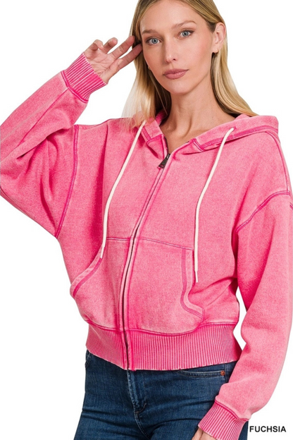 Acid wash fleece cropped zip-up hoodie w pockets