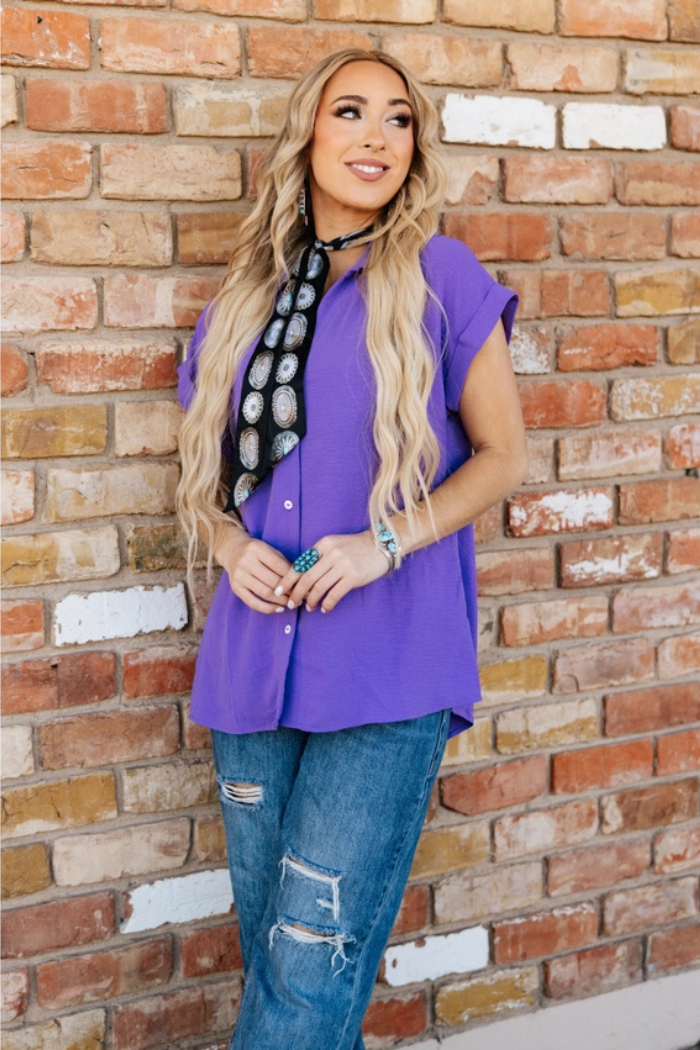 Pleated button woven top in purple with stylish pleated design