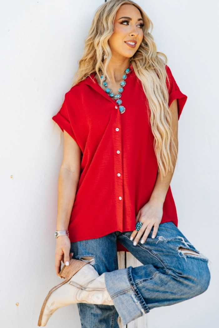 Pleated button woven top in red with soft comfortable fit