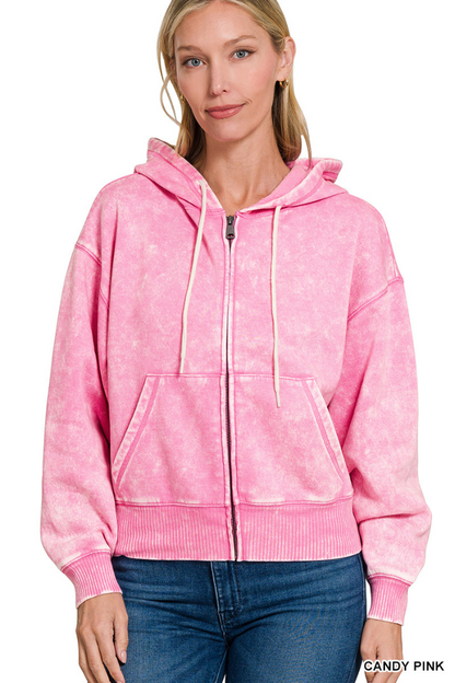 Acid wash fleece cropped zip-up hoodie w pockets