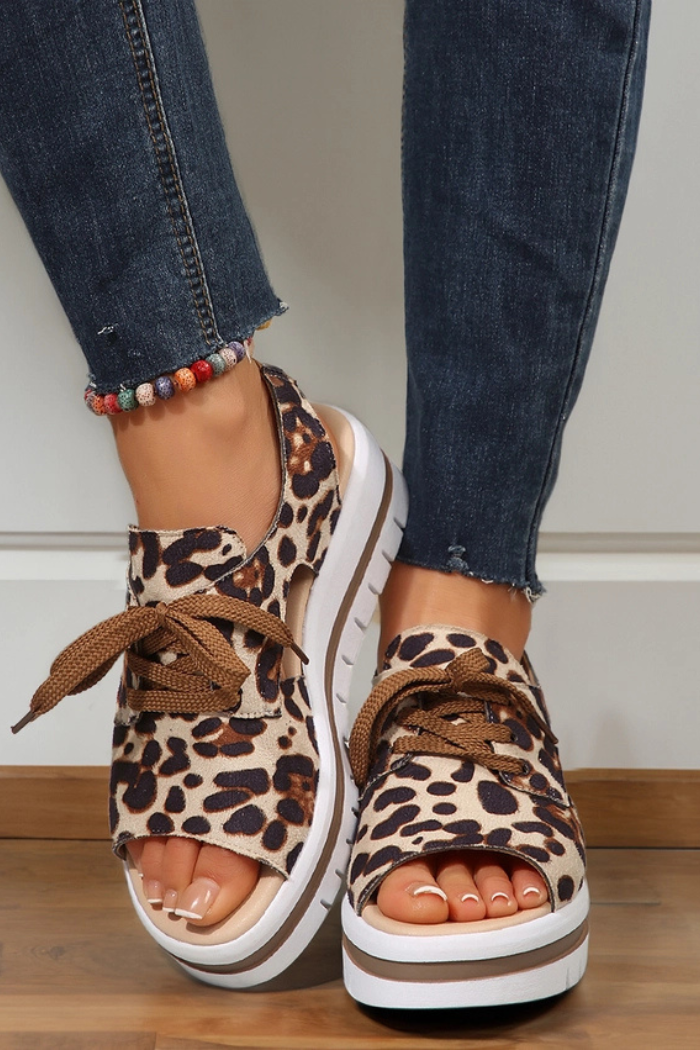 Leopard Print Hollow Out Lace-Up Wedge Sandals