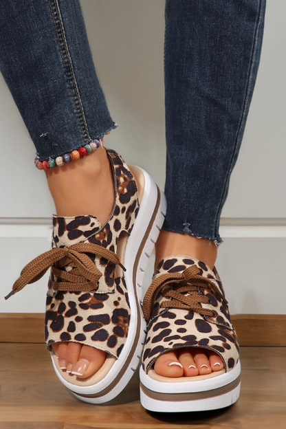 Leopard Print Hollow Out Lace-Up Wedge Sandals