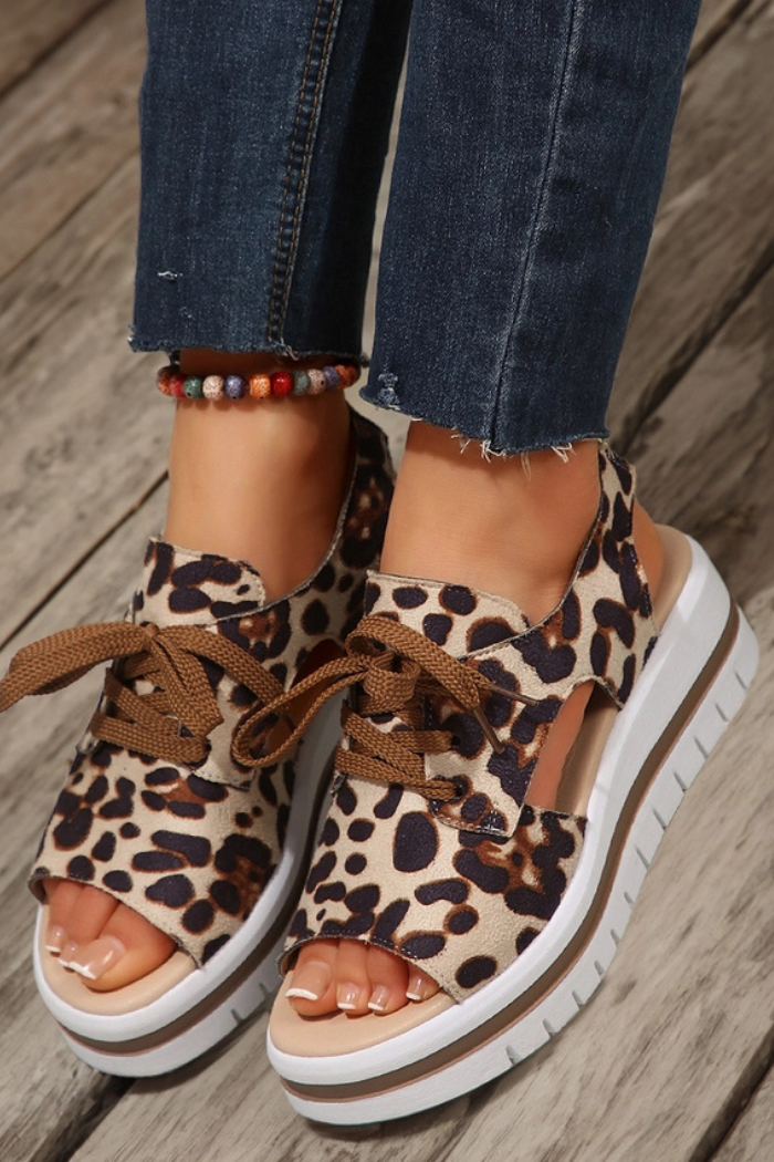 Leopard Print Hollow Out Lace-Up Wedge Sandals