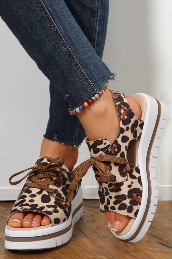 Leopard Print Hollow Out Lace-Up Wedge Sandals