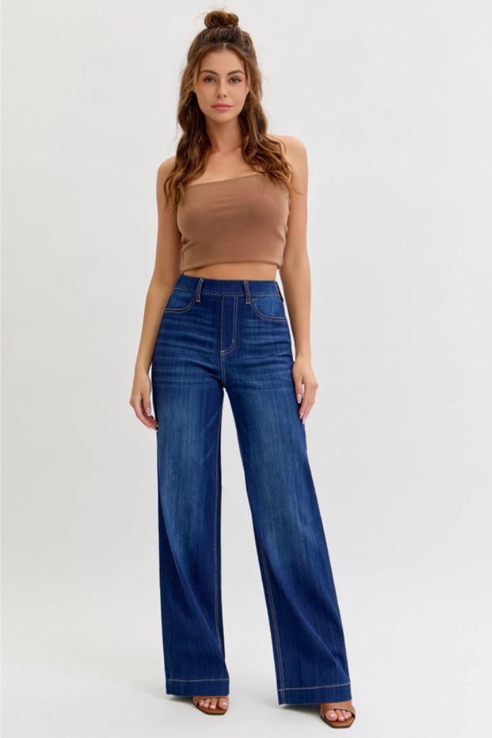 Comfort Dark High Rise Pull-On Wide Leg Denim