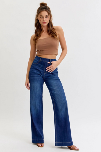 Comfort Dark High Rise Pull-On Wide Leg Denim