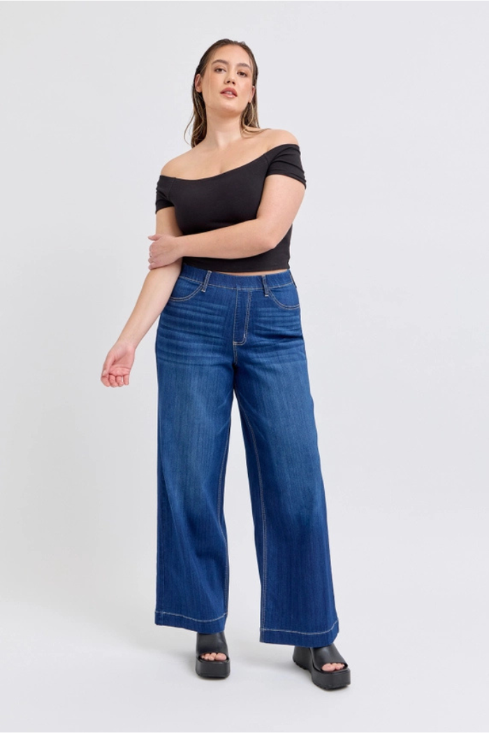 Plus Comfort Dark High Rise Pull-On Wide Leg