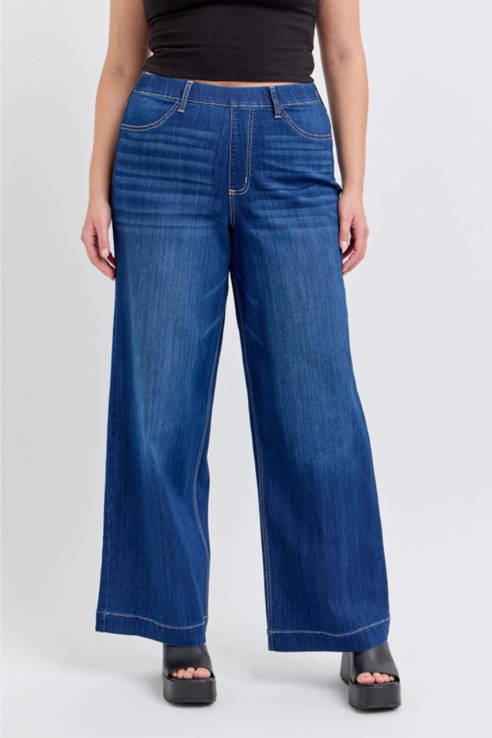 Plus Comfort Dark High Rise Pull-On Wide Leg
