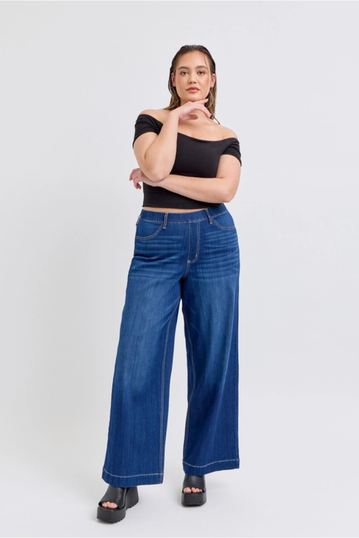 Plus Comfort Dark High Rise Pull-On Wide Leg