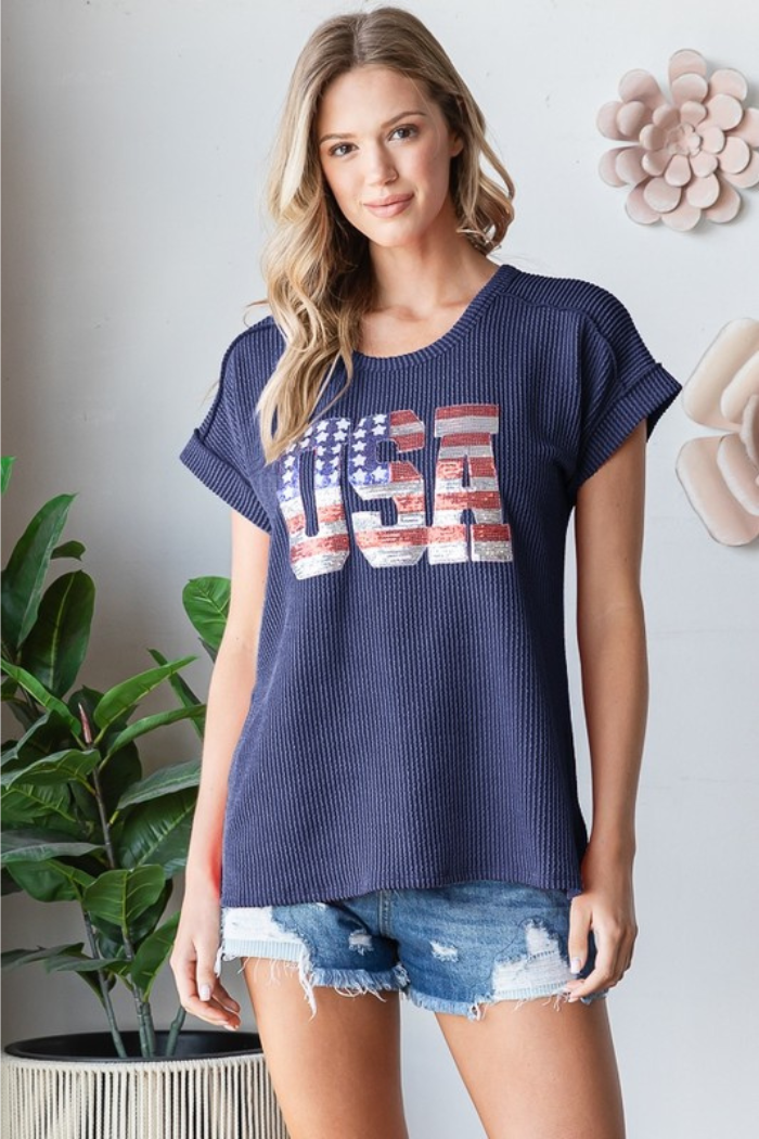 Solid Urban Ribb Top with USA Sequins Patch