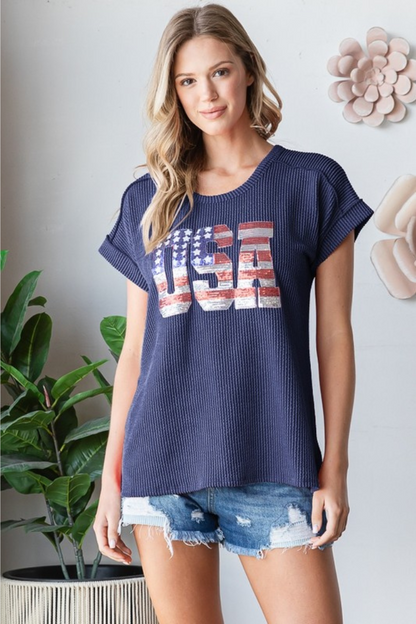 Solid Urban Ribb Top with USA Sequins Patch