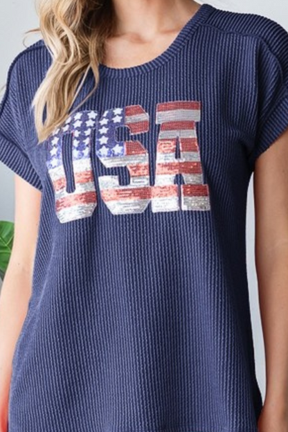 Solid Urban Ribb Top with USA Sequins Patch