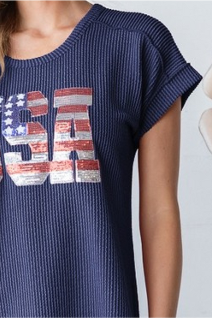 Solid Urban Ribb Top with USA Sequins Patch