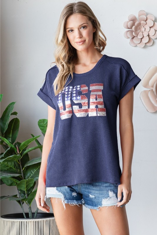 Plus Solid Urban Ribb Top with USA Sequins Patch