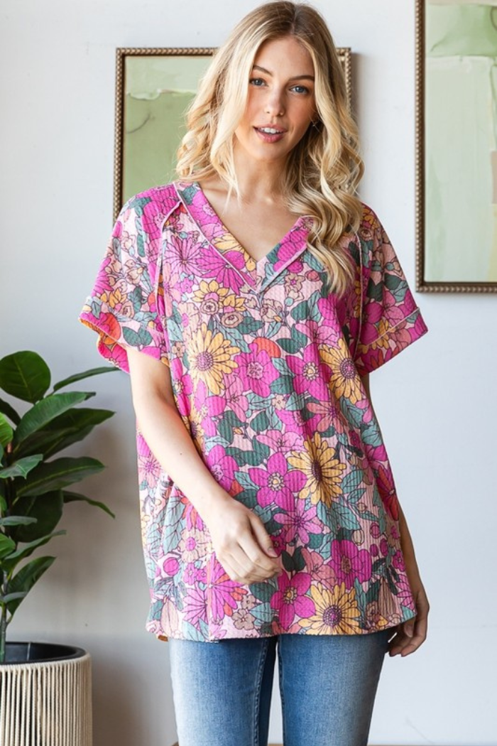 Short Sleeve V Neck Floral Top