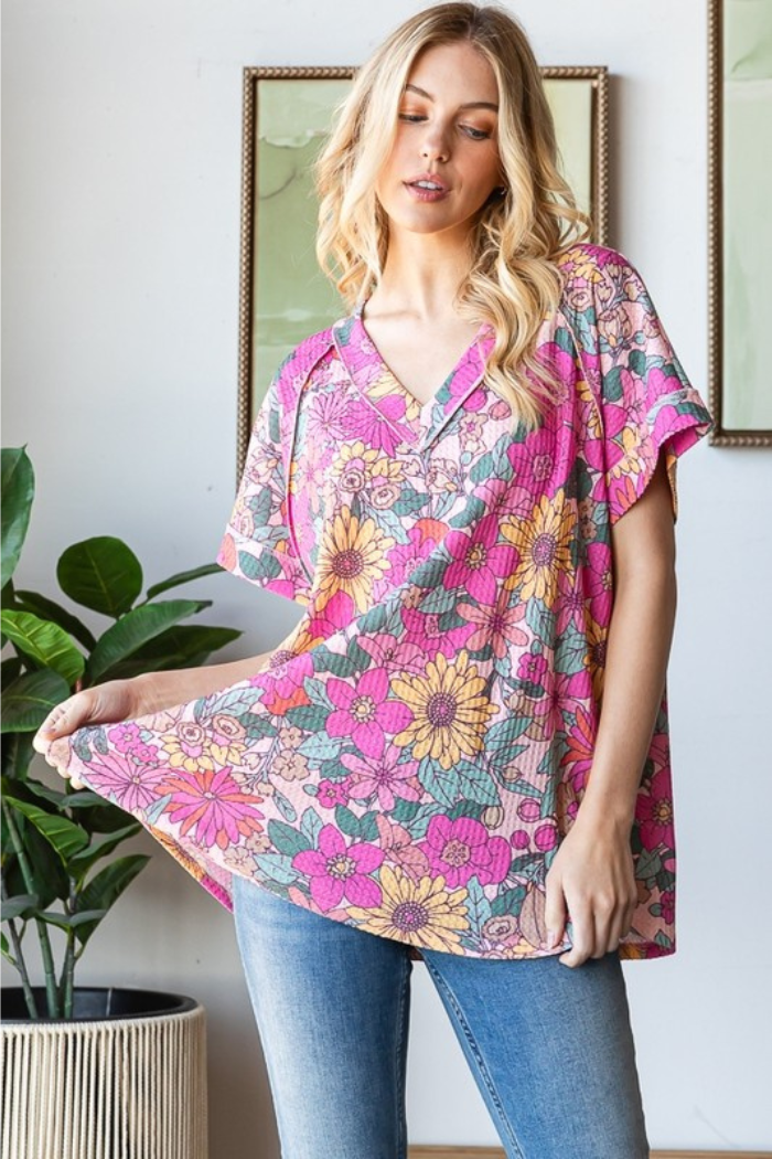 Short Sleeve V Neck Floral Top