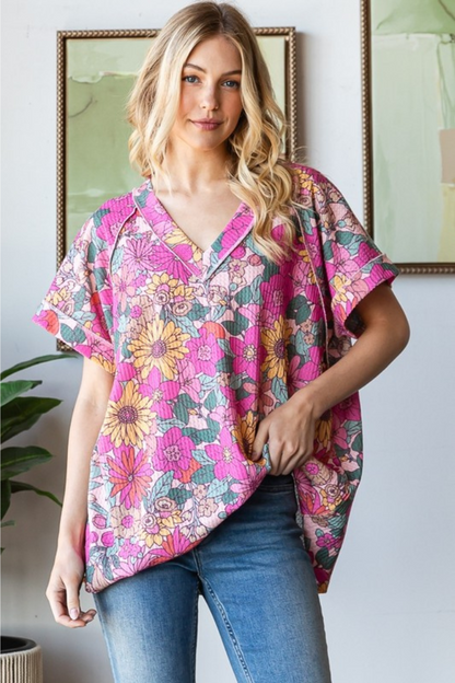 Short Sleeve V Neck Floral Top