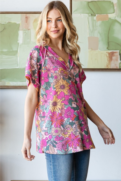 Short Sleeve V Neck Floral Top