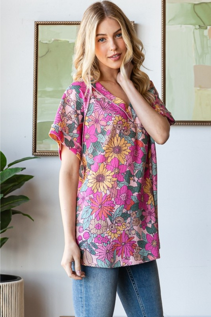 Short Sleeve V Neck Floral Top