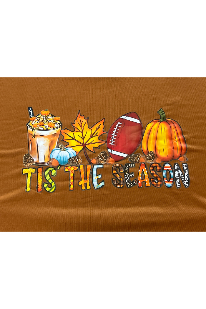 A fall-themed graphic featuring a pumpkin spice latte, autumn leaves, pinecones, a football, and a pumpkin, with the text 'TIS THE SEASON' in a festive, colorful font below the imagery.