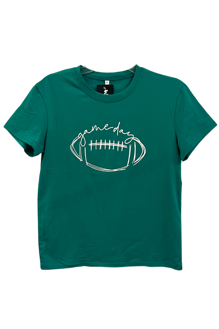 A dark green t-shirt with a white outline of a football in the center, and the words "game day" written in a cursive font above the football.