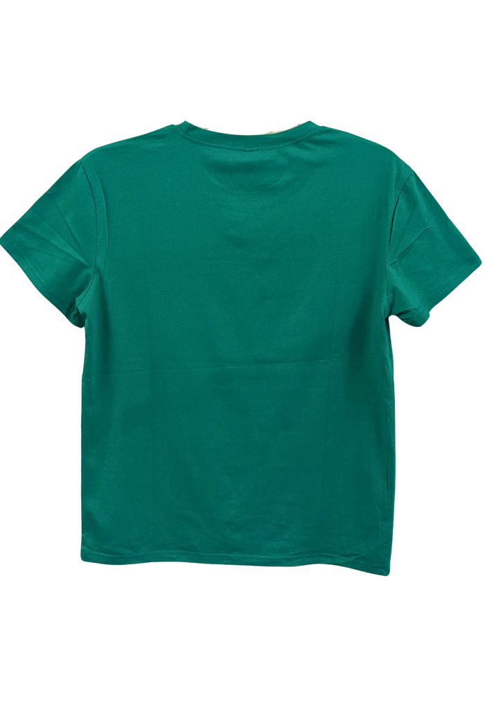 Back view of a plain, dark green, short-sleeved t-shirt.