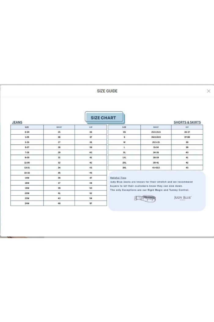 Size chart for jeans and shorts on a white background