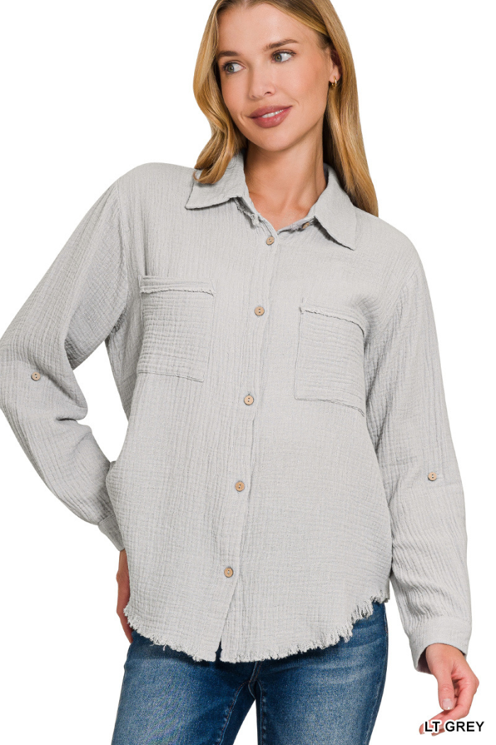 Double Gauze Button Down Roll-Up Long Sleeve Shirt