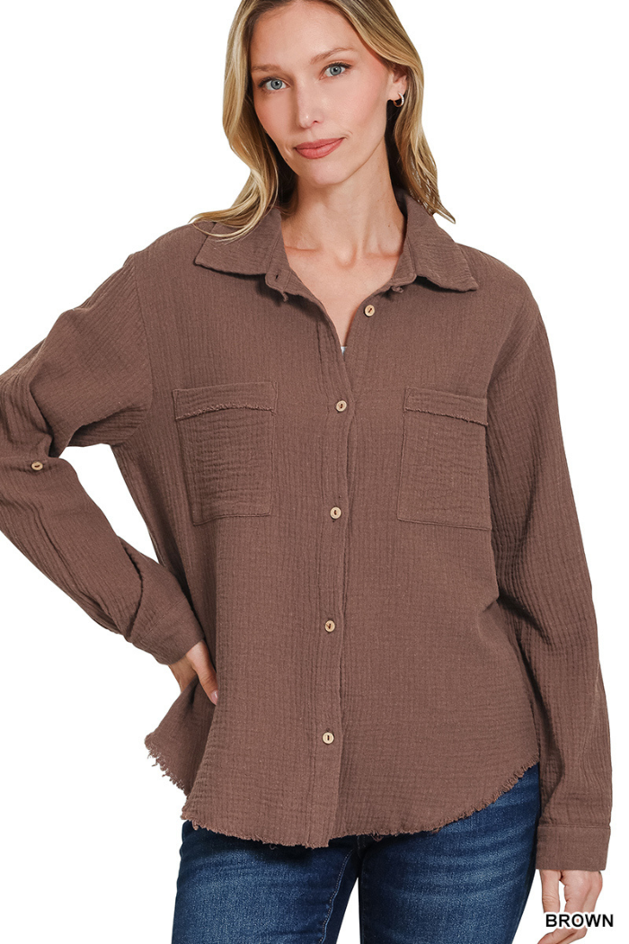 Double Gauze Button Down Roll-Up Long Sleeve Shirt