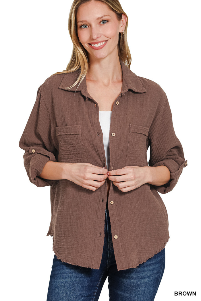 Double Gauze Button Down Roll-Up Long Sleeve Shirt