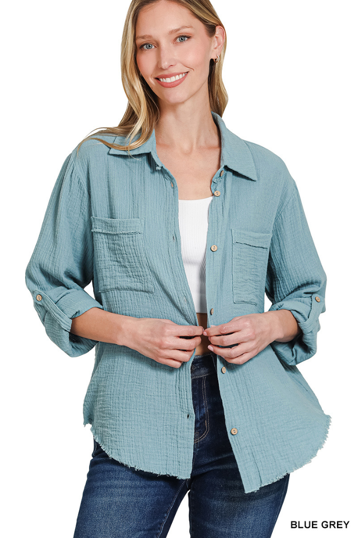 Double Gauze Button Down Roll-Up Long Sleeve Shirt