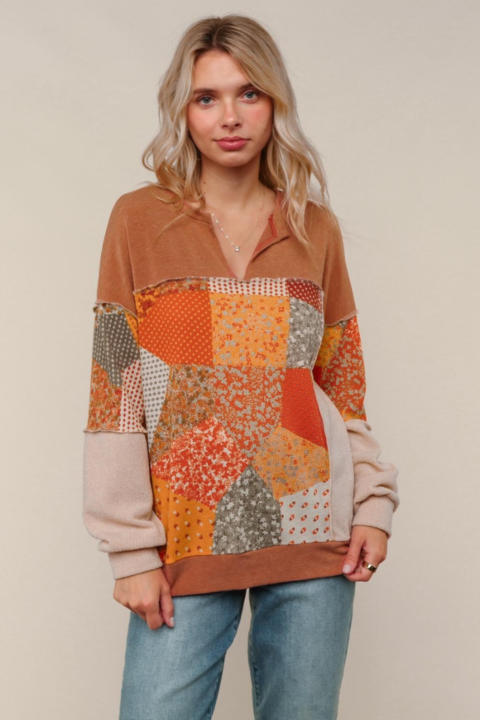 Plus Size Plaid Patchwork French Terry Top