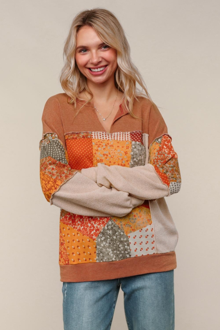 Plus Size Plaid Patchwork French Terry Top