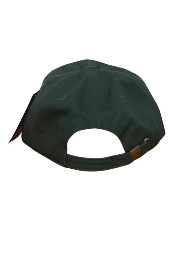 A back view of a green baseball cap, featuring a self-fabric tri-glide buckle closure and visible eyelets on the crown. 
