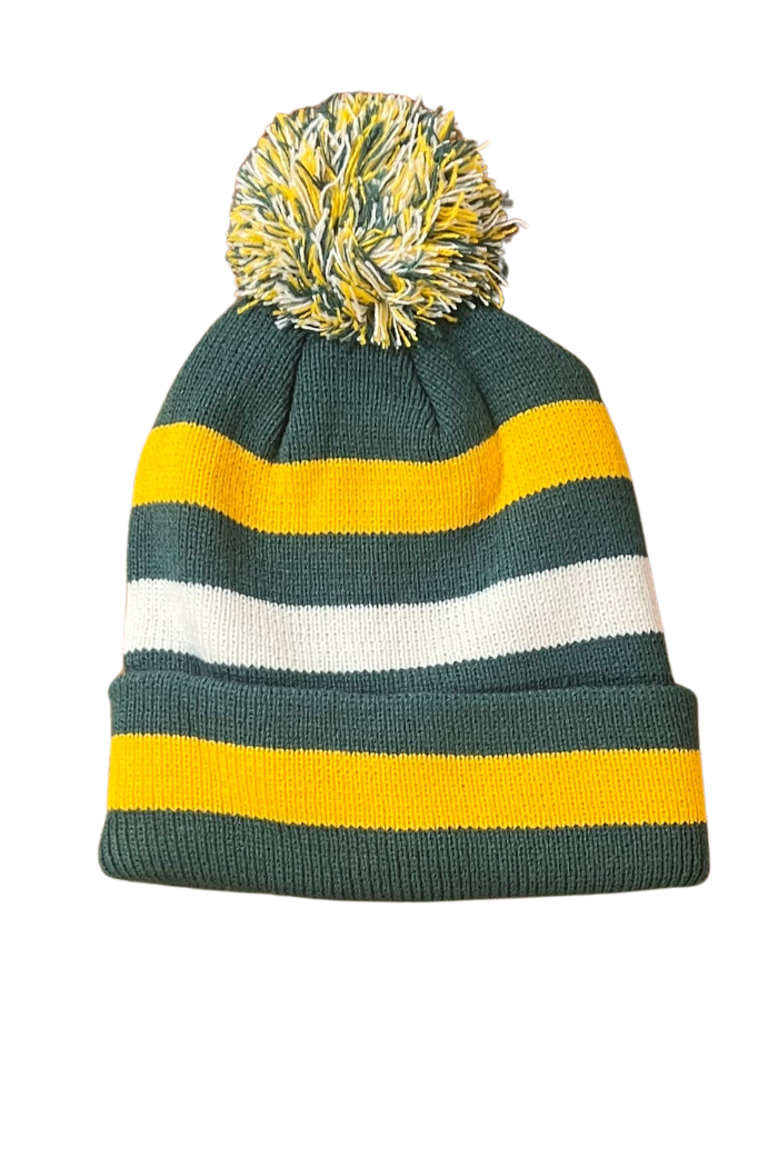 Knit beanie hat with a pom-pom. The hat is primarily green with horizontal stripes in yellow and white, and the pom-pom is a mix of green, yellow, and white. 