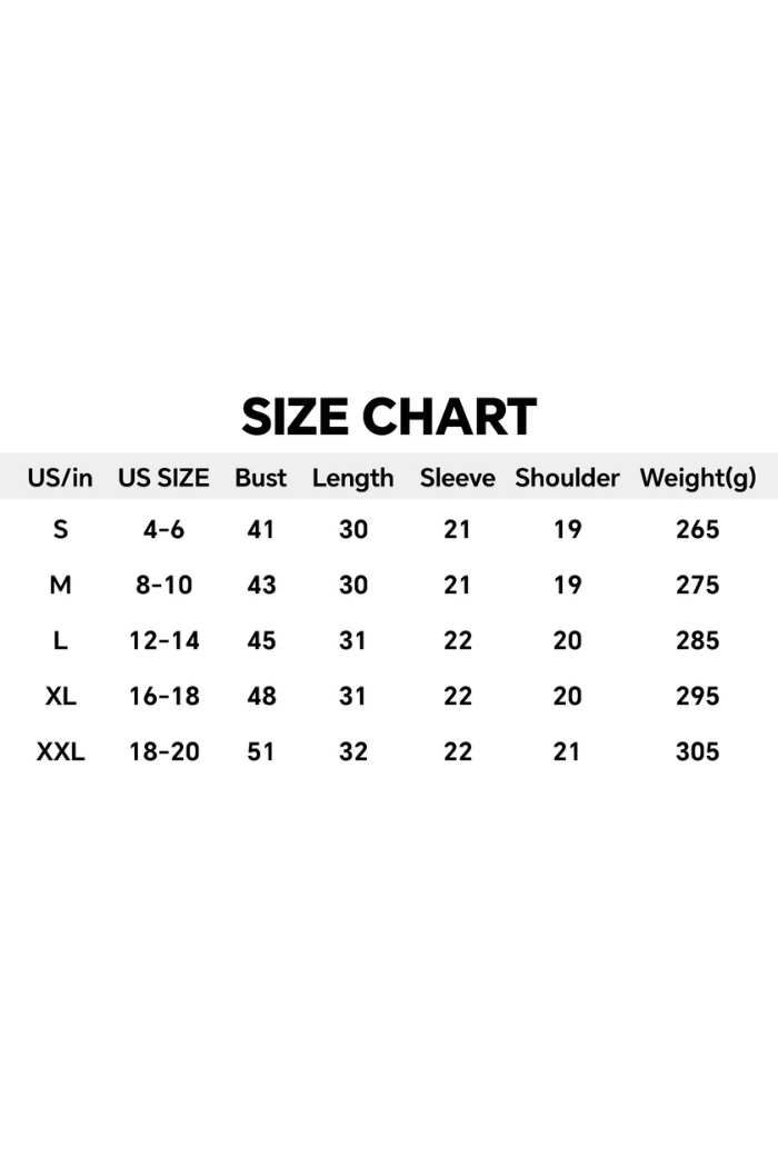 Size chart for clothing measurements on a white background