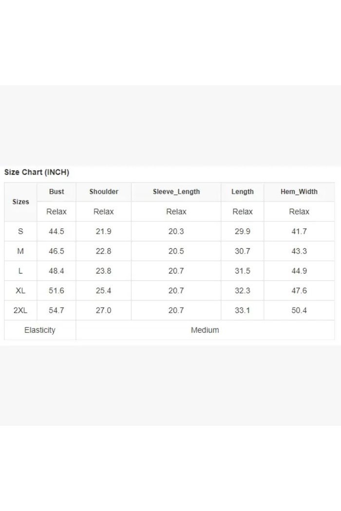 Size chart for clothing measurements in inches on a white background