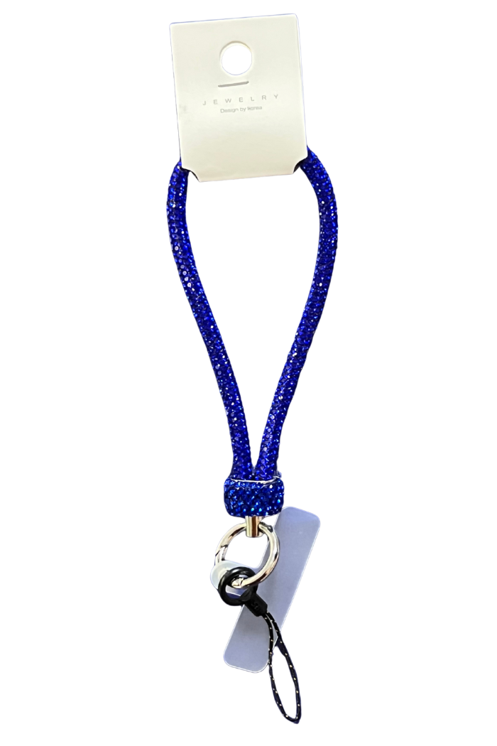 A blue, glittery wrist strap or short lanyard for a phone or keys is displayed against a white background, hanging from a small cardboard tag labeled "JEWELRY." The strap features a silver-colored split key ring and a black cord loop with a clear plastic tether tab for attaching to a phone case.