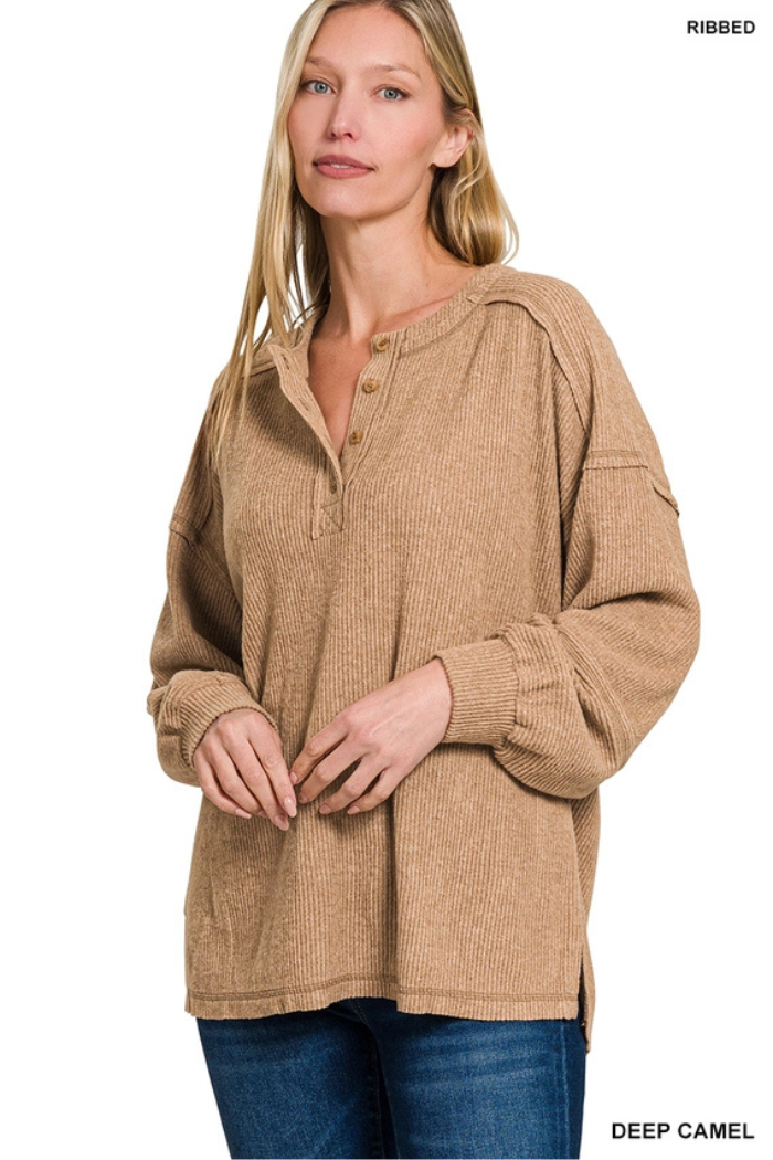 Brushed Ribbed Henley Top