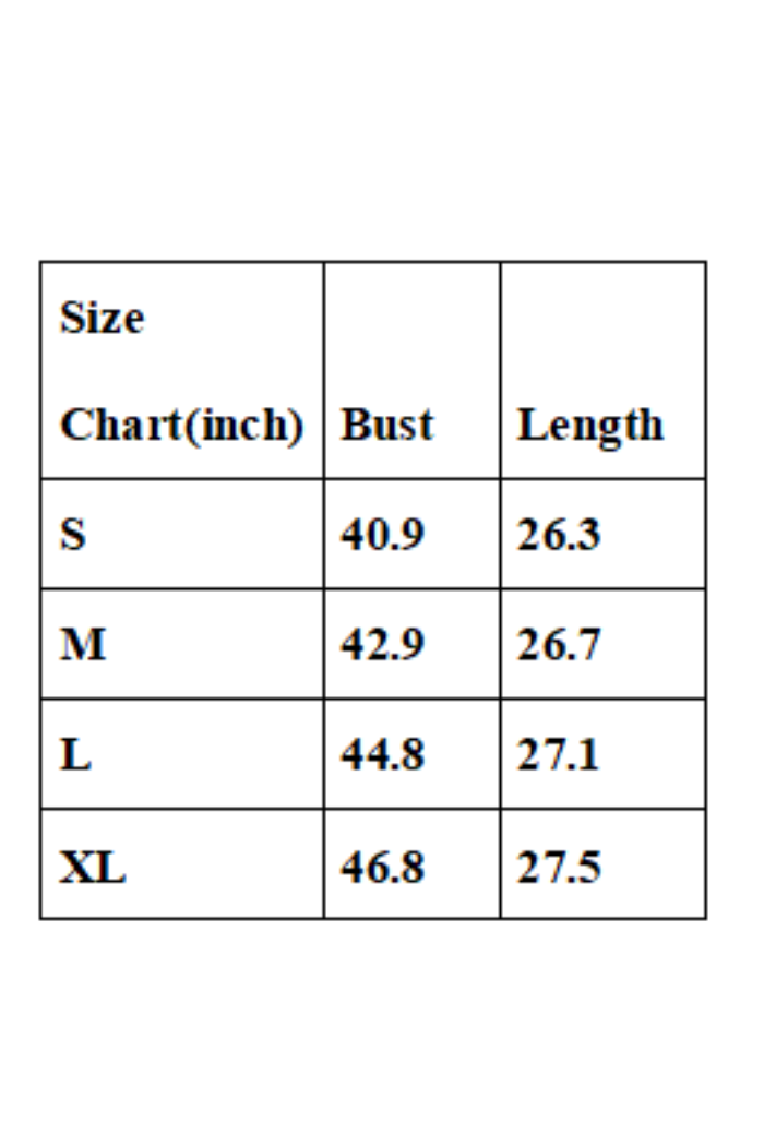 Size chart with bust and length measurements for S, M, L, and XL sizes.