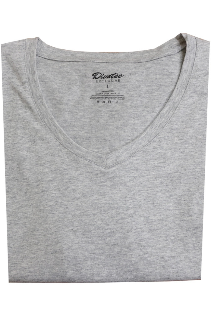 A Cotton V-Neck Tee in light gray, featuring a relaxed fit and printed collar tag, is folded and displayed flat on a white background.