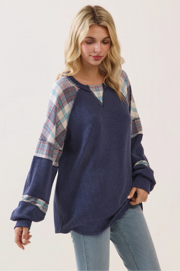 Mixed Media Plaid Patchwork Top