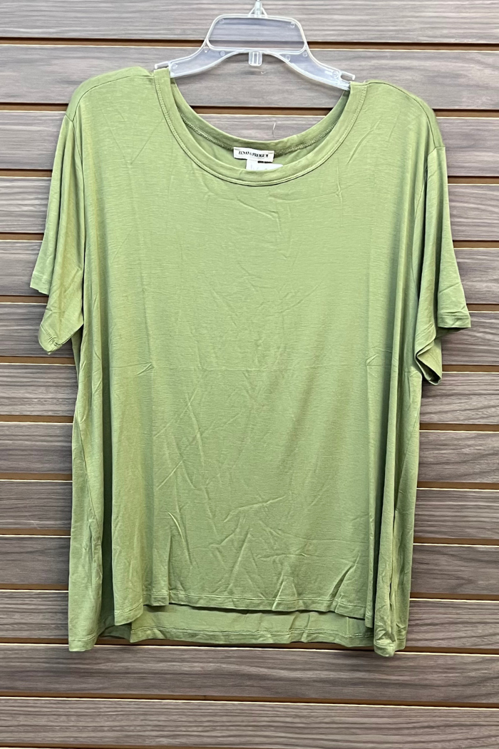 The Plus Size Rayon Tee in light green is shown on a clear plastic hanger against a wooden panel background. Made from a soft rayon blend, this relaxed fit short-sleeve shirt is perfect for comfortable and stylish everyday wear.