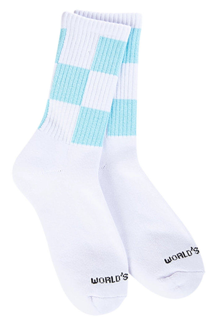 A pair of Sport Crew Socks for women in white, featuring light blue and white checkered uppers and "WORLDS" printed in black near the toes—designed for comfort like World's Softest Socks.