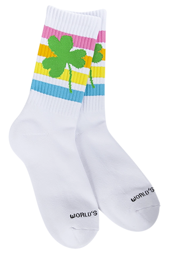 Sport Crew Socks for women in white feature multicolored stripes at the top, a large green four-leaf clover, and "WORLDS" on the toes. Enjoy comfort and a playful touch with these socks.