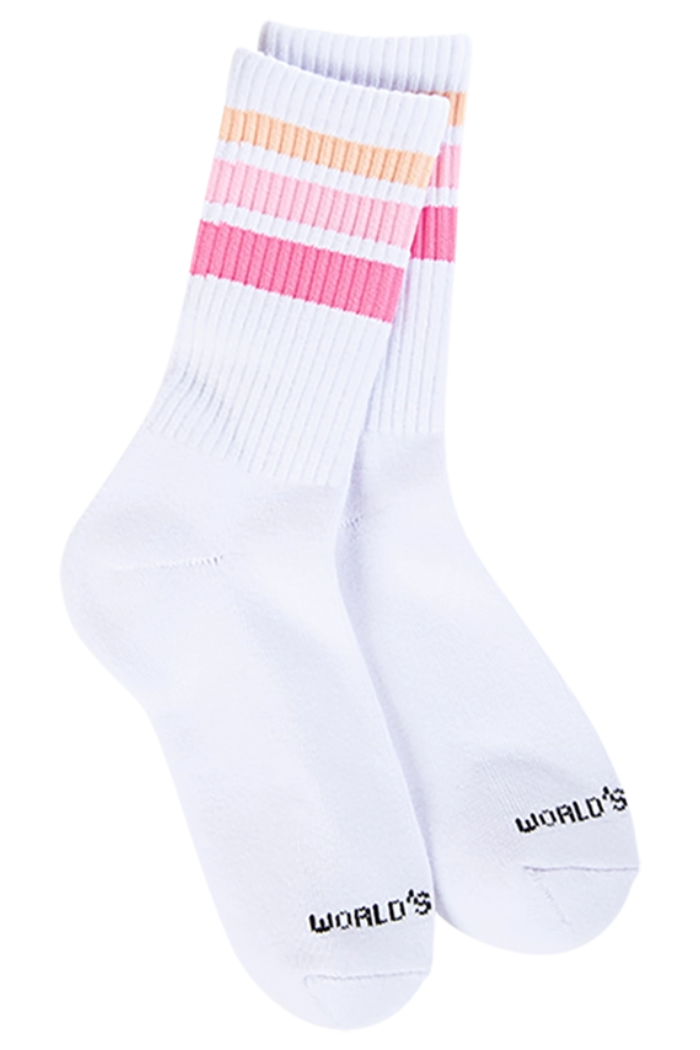 Sport Crew Socks for women featuring three horizontal stripes in pink, peach, and coral near the top, with "WORLD" and a globe icon printed in black by the toe—ideal for everyday comfort.