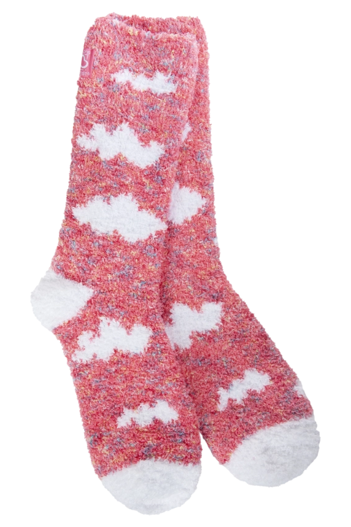 Cozy Crew Socks: Plush fuzzy pink socks featuring white cloud patterns with contrasting white toes, heels, and cuffs, shown on a white background.