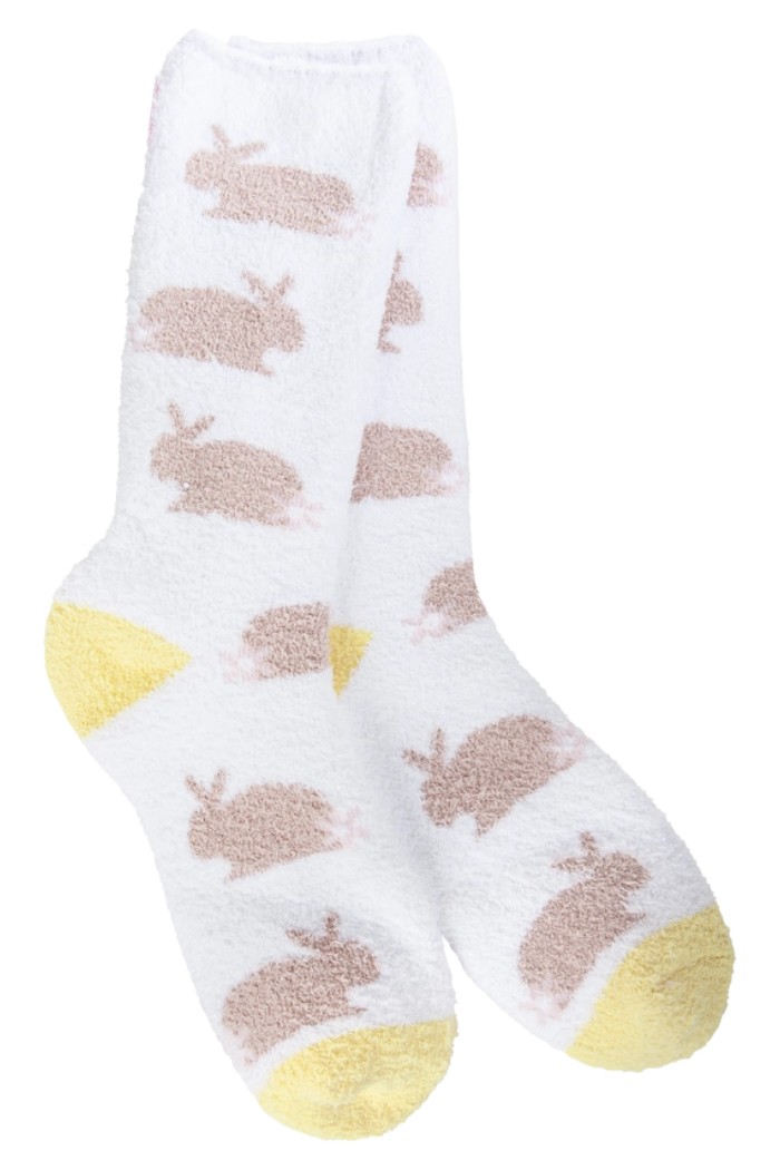 Cozy Crew Socks in fuzzy white, featuring light brown bunny silhouettes plus yellow toes and heels.