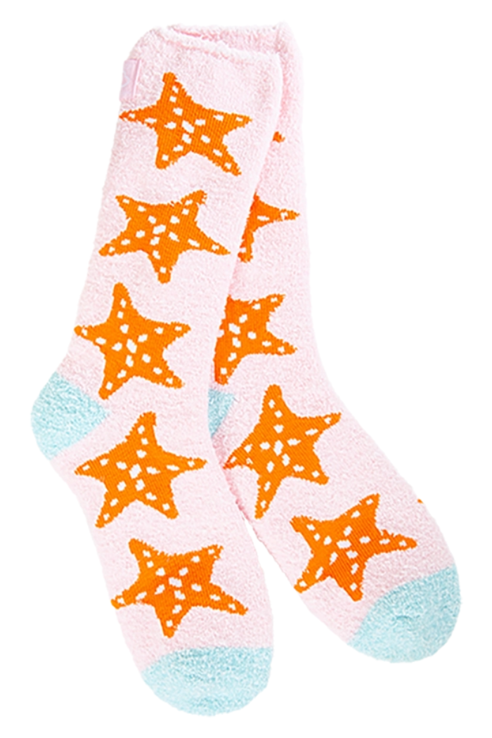 The Starfish Crew Socks feature fuzzy pink fabric with orange starfish patterns and light blue toes and heels—these beach-inspired socks are the perfect pick-me-up for your feet!.