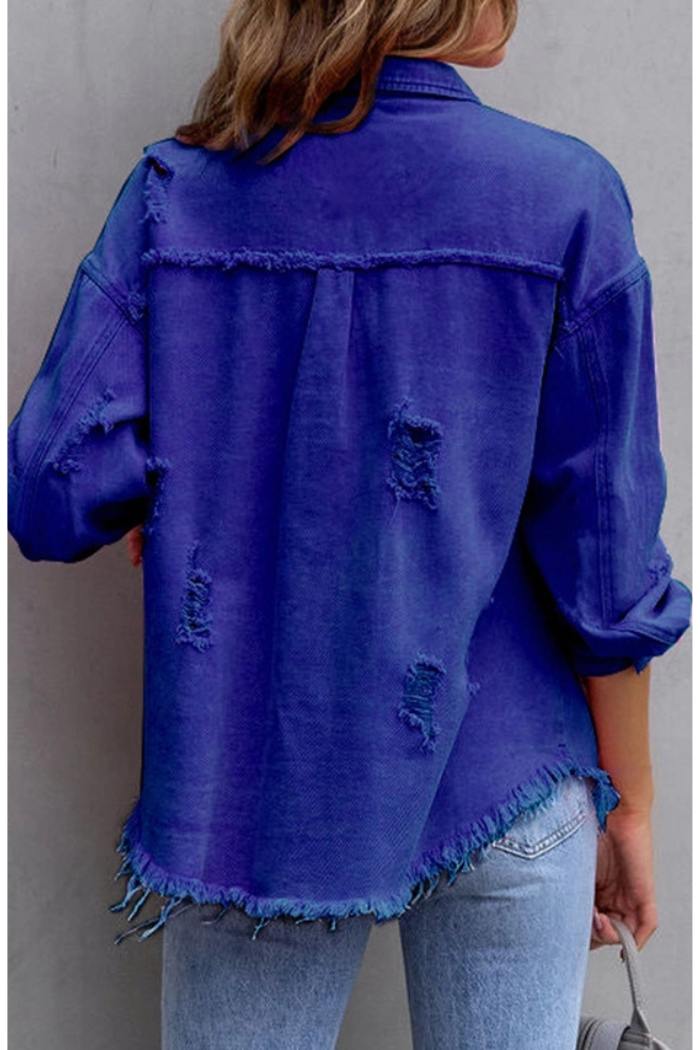 Wearing the Ripped Edge Denim Jacket with frayed edges and torn patches, paired with light blue jeans, this person completes a loose, distressed denim look as they face away from the camera.